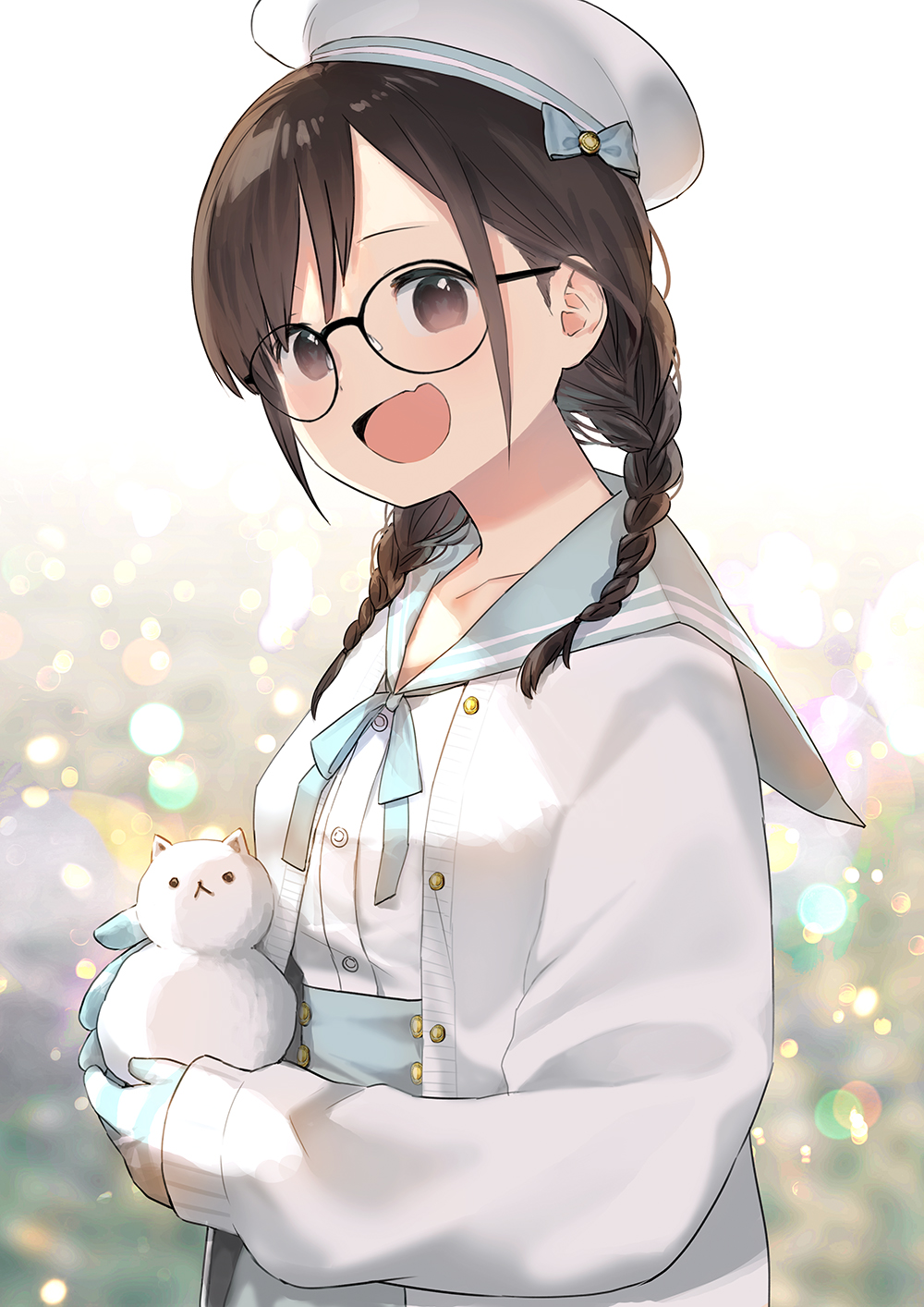 1girl :d ahoge bangs beret black-framed_eyewear blue_bow blue_sailor_collar blue_skirt bow braid brown_eyes brown_hair commentary_request fang glasses gloves hair_over_shoulder hanabasami_kyou hat high-waist_skirt highres holding jacket long_hair long_sleeves looking_at_viewer morifumi open_clothes open_jacket open_mouth re:act round_eyewear sailor_collar school_uniform serafuku shirt skirt sleeves_past_wrists smile snowman solo striped striped_gloves twin_braids upper_body virtual_youtuber white_headwear white_jacket white_shirt