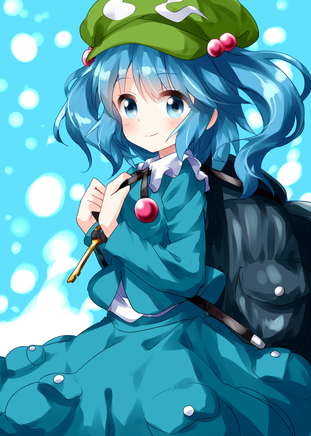 1girl backpack bag bangs blouse blue_background blue_blouse blue_eyes blue_hair blue_skirt closed_mouth cowboy_shot eyebrows_visible_through_hair flat_cap from_side green_headwear hair_bobbles hair_ornament hat highres holding kawashiro_nitori key long_sleeves looking_at_viewer medium_hair pocket ruu_(tksymkw) skirt skirt_set smile solo standing touhou two_side_up