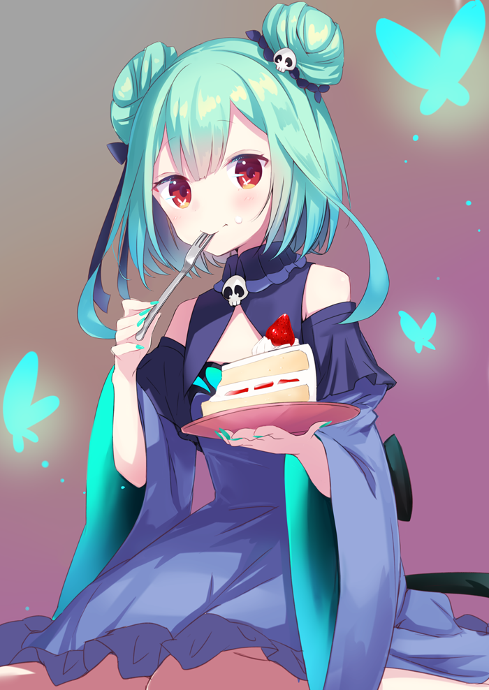 1girl amagasa_nadame blue_dress blue_sleeves bug butterfly cake cake_slice closed_mouth commentary_request detached_sleeves double_bun dress eating food food_on_face fork fruit green_hair green_nails hair_ornament holding holding_fork holding_plate hololive insect juliet_sleeves long_sleeves looking_at_viewer nail_polish plate puffy_sleeves red_eyes sitting skull_hair_ornament sleeveless sleeveless_dress solo strawberry uruha_rushia virtual_youtuber wariza wide_sleeves