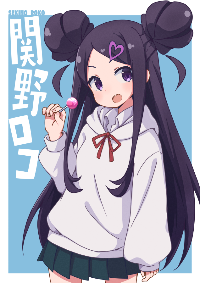 1girl aki_inu black_hair candy character_name commentary double_bun food hair_ornament heart heart_hair_ornament holding hood hoodie lollipop long_hair ochikobore_fruit_tart pleated_skirt school_uniform sekino_roko simple_background skirt solo violet_eyes