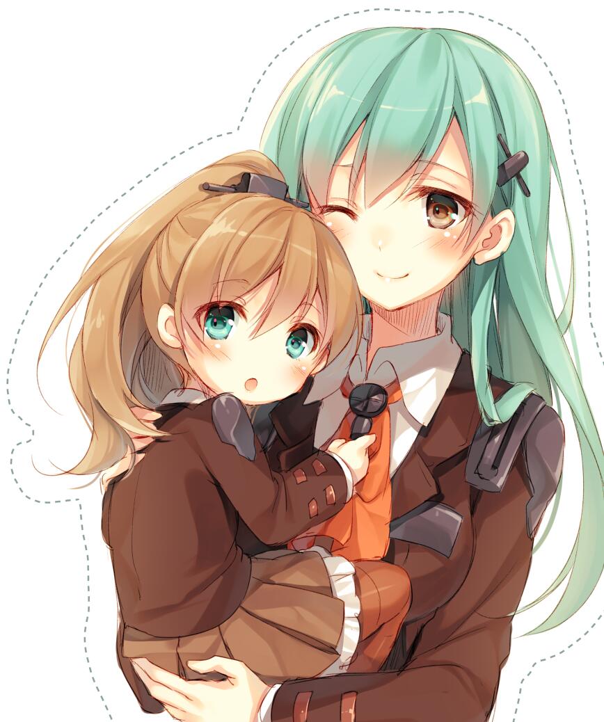 2girls :o ;) aqua_eyes aqua_hair blush brown_hair dotted_line hair_ornament hairclip kantai_collection kumano_(kantai_collection) long_hair looking_at_viewer multiple_girls one_eye_closed playing_with_another's_hair ponytail simple_background smile suzuya_(kantai_collection) time_paradox toosaka_asagi white_background younger