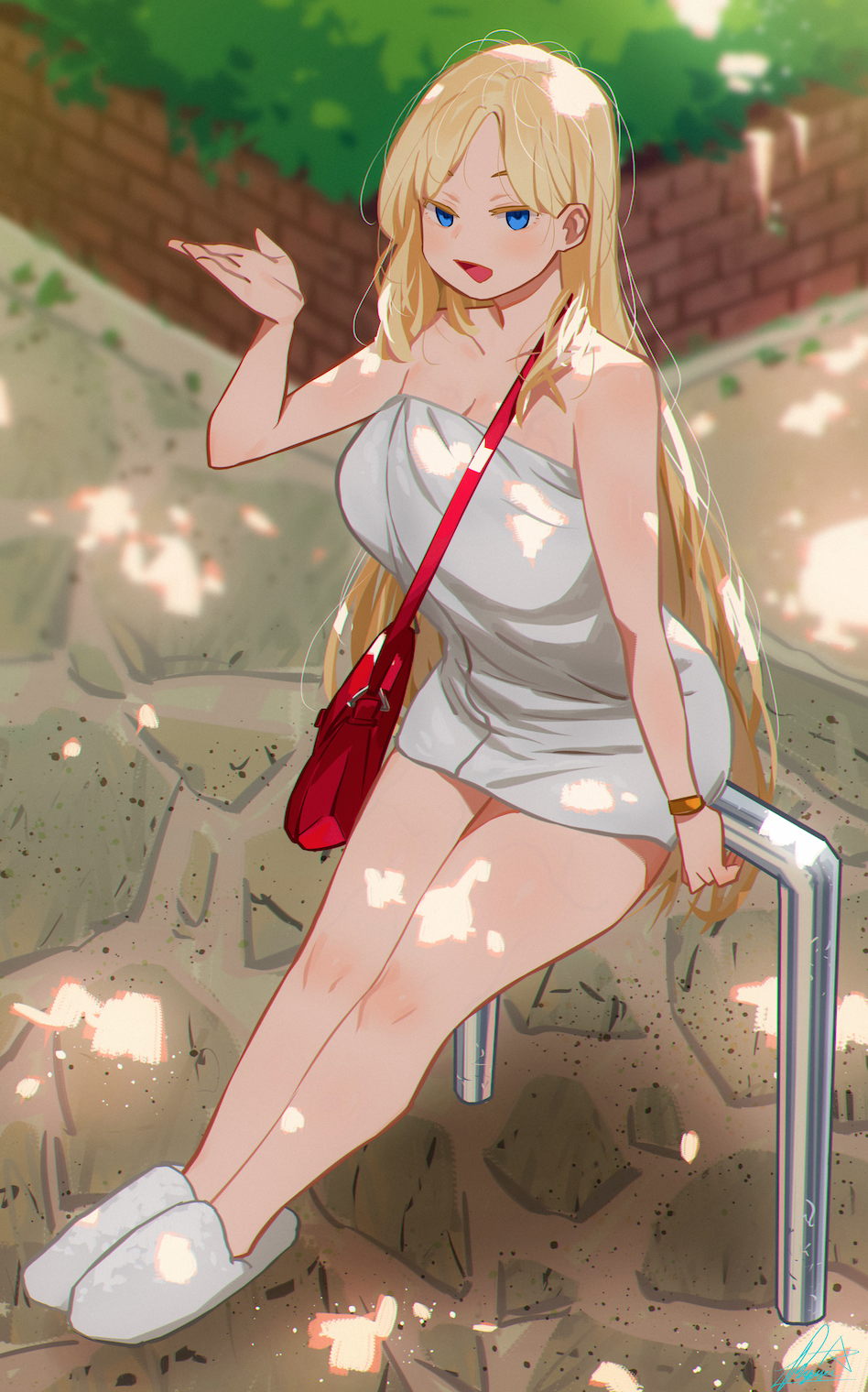 1girl bag bangs blonde_hair blue_eyes blush breasts day highres huge_breasts long_hair naked_towel open_mouth original outdoors railing ryusei_hashida shoulder_bag signature slippers solo towel white_footwear