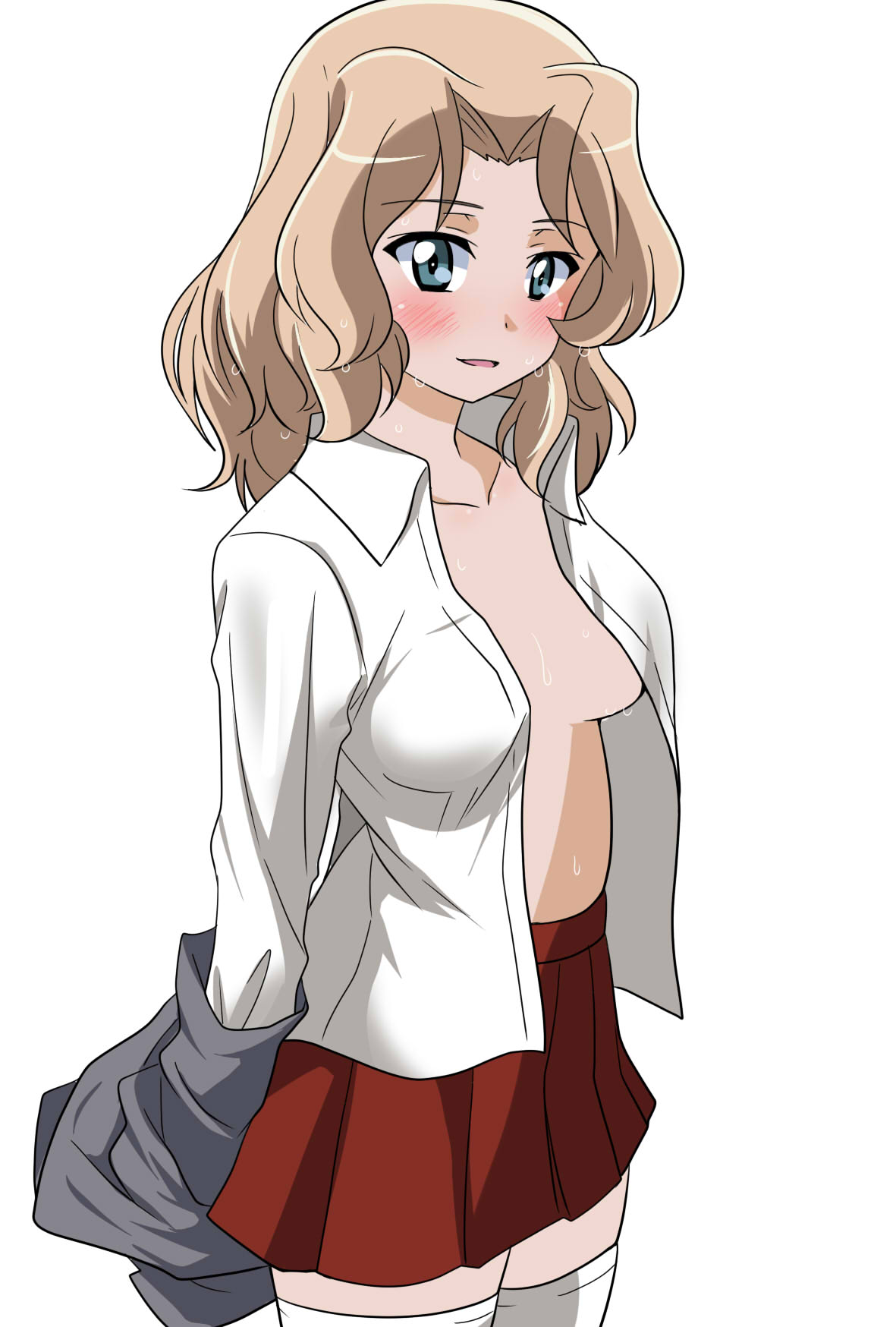 1girl blazer blonde_hair blouse blue_eyes blush collared_blouse commentary cowboy_shot girls_und_panzer grey_jacket hair_intakes highres jacket jacket_pull kay_(girls_und_panzer) long_hair long_sleeves looking_at_viewer medium_hair miniskirt open_blouse open_clothes parted_lips pleated_skirt red_skirt saunders_school_uniform school_uniform simple_background skirt smile solo standing sweat thigh-highs wakku_kan white_background white_blouse white_legwear
