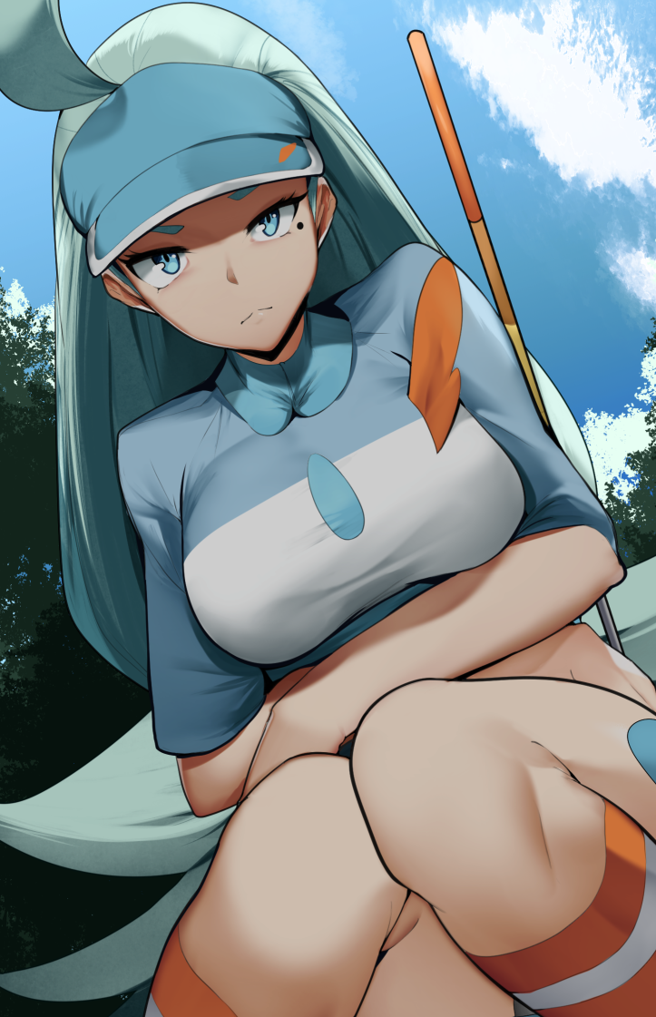 1girl ahoge blue_eyes breasts closed_mouth clouds collared_shirt commentary_request day elite_four eyelashes foliage from_below golf_club green_hair kahili_(pokemon) knees knees_together long_hair looking_at_viewer mole mole_under_eye orange_legwear outdoors pokemon pokemon_(game) pokemon_sm shirt short_sleeves sky socks solo visor_cap yuuyuu_(yuuki1771)