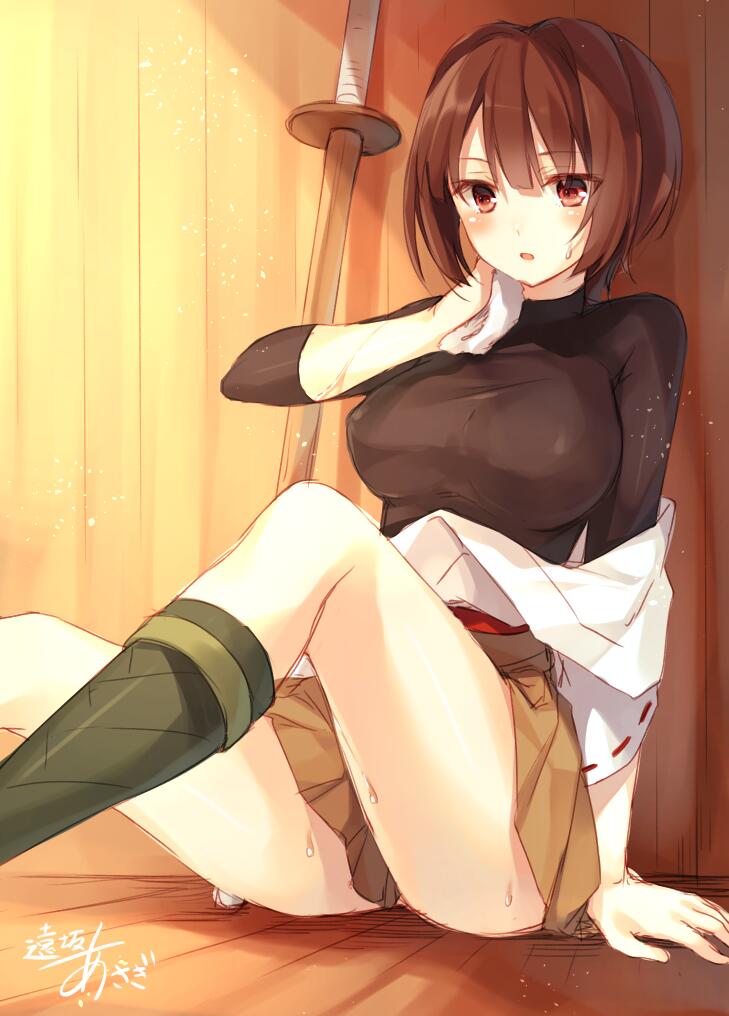 1girl breasts brown_eyes brown_hair hyuuga_(kantai_collection) japanese_clothes kantai_collection large_breasts looking_at_viewer partially_undressed pleated_skirt shinai short_hair signature skirt solo sweat sword toosaka_asagi weapon wiping_sweat