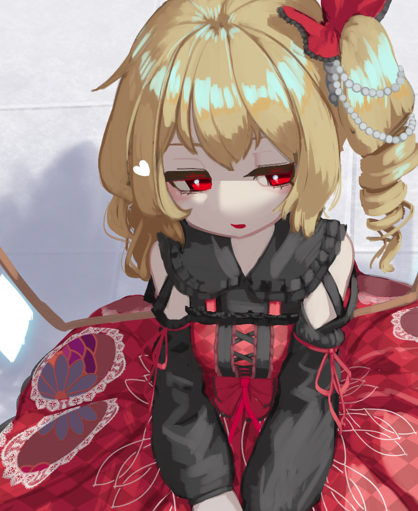 1girl alternate_costume bangs blonde_hair bow checkered close-up collared_dress commentary cross-laced_clothes crystal detached_sleeves dress dress_bow drill_hair eyebrows_behind_hair flandre_scarlet floral_print frilled_bow frilled_shirt_collar frills glowing glowing_wings hair_bow half-closed_eyes heart lace-trimmed_skirt lace_trim lolita_fashion long_sleeves looking_away looking_to_the_side no_hat no_headwear no_pupils on_floor open_mouth pale_skin pearl_(gemstone) pearl_hair_ornament ponytail red_bow red_dress red_eyes red_ribbon ribbon side_ponytail sidelocks skirt sleeve_ribbon solo tile_floor tiles touhou wings zakozako_y