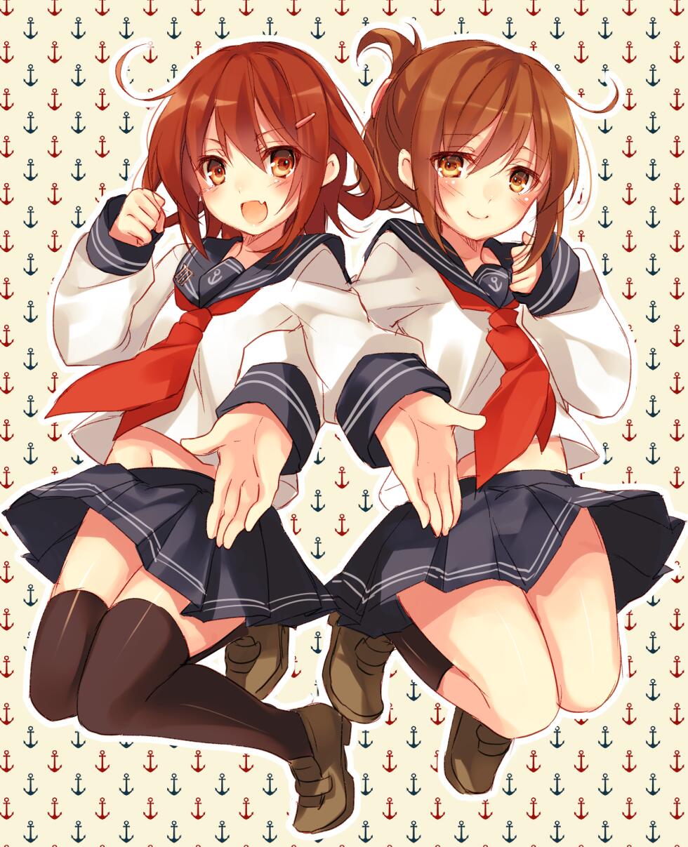 2girls black_legwear brown_eyes brown_hair fang folded_ponytail hair_ornament hairclip highres ikazuchi_(kantai_collection) inazuma_(kantai_collection) kantai_collection locked_arms long_sleeves looking_at_viewer multiple_girls neckerchief open_mouth pleated_skirt red_neckwear school_uniform serafuku short_hair skirt thigh-highs toosaka_asagi zettai_ryouiki