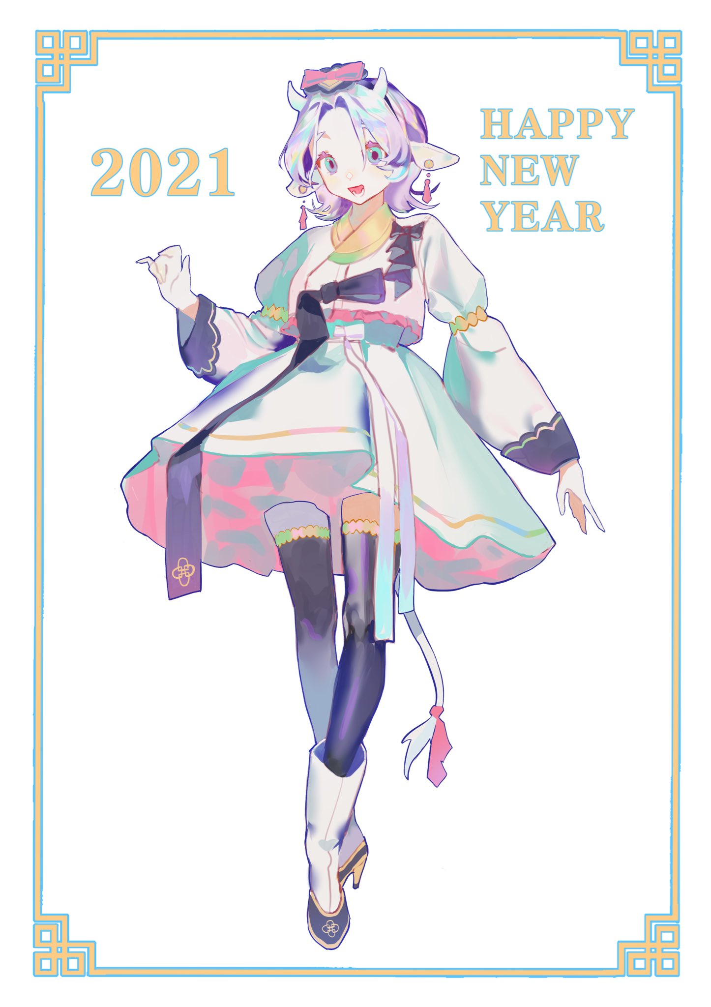 1girl 2021 animal_ears bangs blue_eyes boots border chinese_zodiac cow_ears cow_girl cow_horns cow_tail dress earrings full_body happy_new_year hat high_heel_boots high_heels highres horns jewelry korean_commentary long_sleeves new_year open_mouth original short_hair simple_background solo tail thigh-highs unye_00 white_dress white_footwear year_of_the_ox
