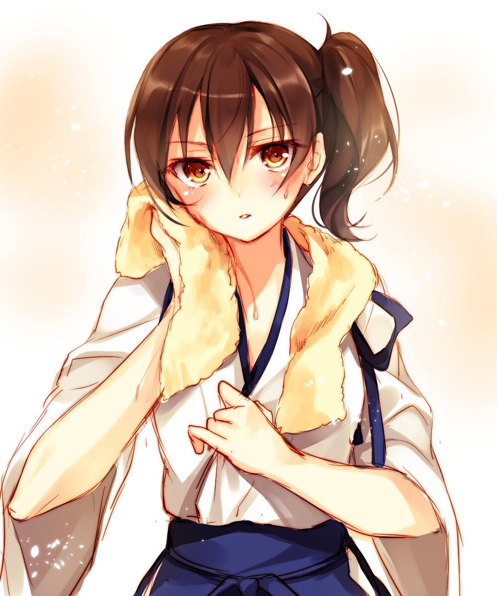 1girl blush brown_eyes brown_hair highres japanese_clothes kaga_(kantai_collection) kantai_collection looking_at_viewer open_mouth short_hair side_ponytail skirt solo sweat tasuki toosaka_asagi towel wiping_sweat