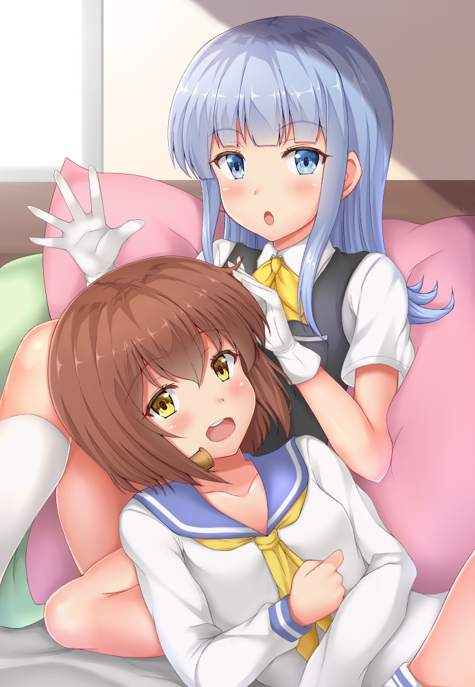 2girls :o bangs blue_eyes blue_hair blunt_bangs blush bow bowtie brown_hair collarbone dress eyebrows_visible_through_hair gloves hatsukaze_(kantai_collection) kantai_collection knee_up kneehighs long_hair looking_at_viewer lying multiple_girls on_back open_mouth pillow piyobomu sailor_dress school_uniform serafuku short_hair sitting upper_teeth vest white_gloves white_legwear yellow_bow yellow_eyes yellow_neckwear yukikaze_(kantai_collection)