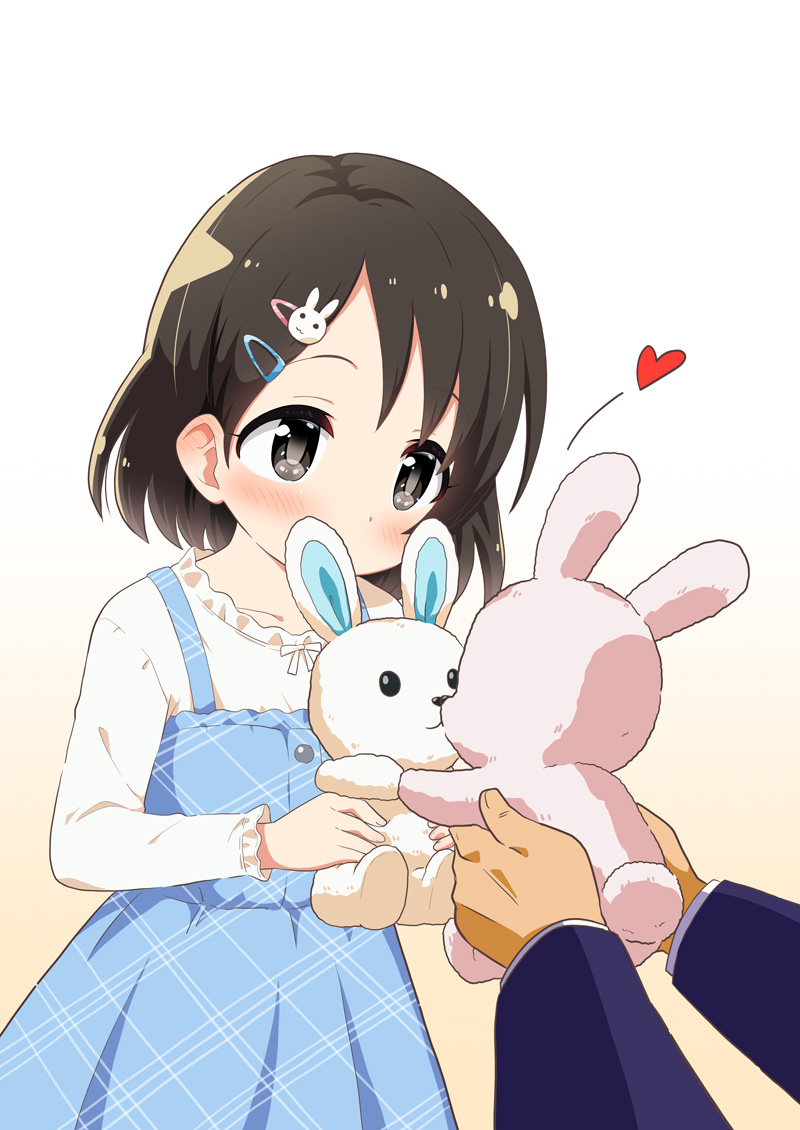 1boy 1girl bangs black_hair blue_dress blush brown_background bunny_hair_ornament commentary_request covered_mouth dress eyebrows_visible_through_hair frilled_shirt frills gradient gradient_background grey_eyes hair_ornament hairclip heart holding holding_stuffed_toy idolmaster idolmaster_cinderella_girls idolmaster_cinderella_girls_starlight_stage long_sleeves out_of_frame parted_bangs pleated_dress producer_(idolmaster) sasaki_chie shirt sleeveless sleeveless_shirt stuffed_animal stuffed_bunny stuffed_toy white_background white_shirt yuuma_(skirthike)