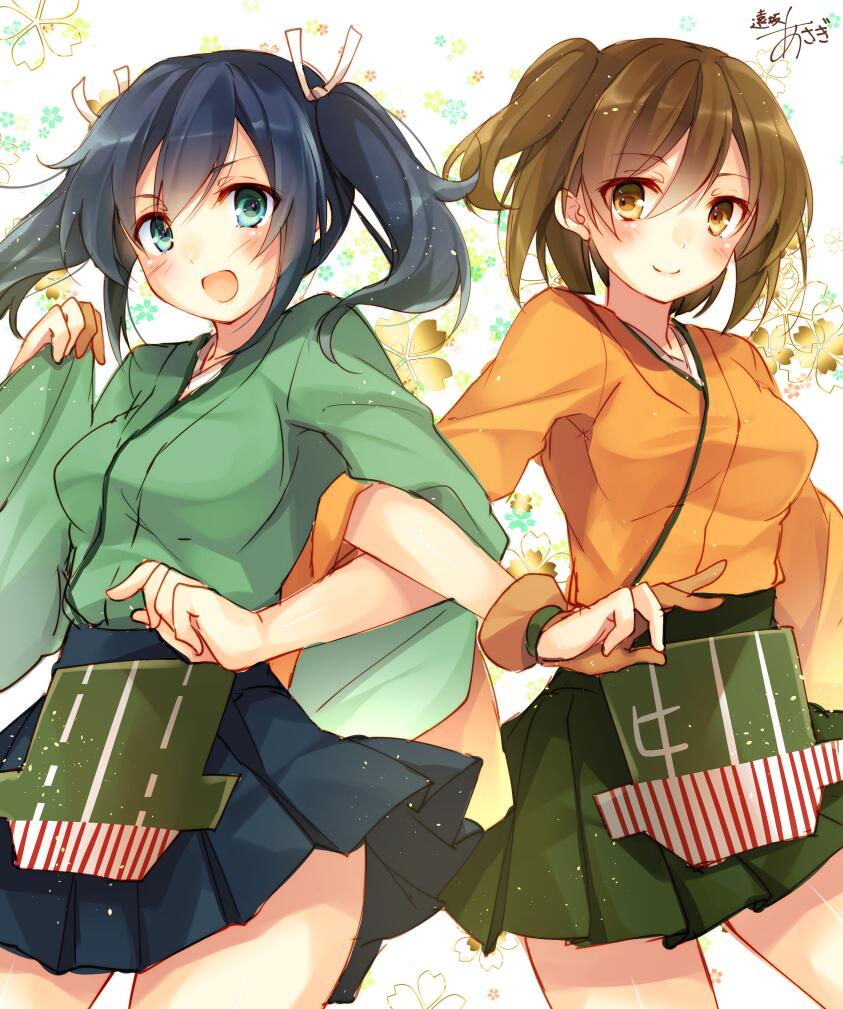 2girls bangs brown_hair hiryuu_(kantai_collection) japanese_clothes kantai_collection multiple_girls short_hair side_ponytail skirt smile souryuu_(kantai_collection) toosaka_asagi twintails