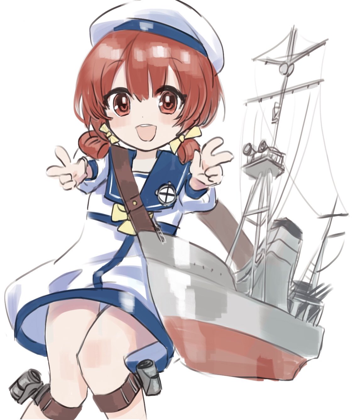1girl bangs blue_sailor_collar blush double_v dress eyebrows_visible_through_hair hair_ribbon hat highres kaiboukan_no._4_(kancolle) kantai_collection low_twintails nikai_kara_momoshio one-hour_drawing_challenge open_mouth red_eyes redhead ribbon rigging sailor_collar sailor_dress short_sleeves short_twintails simple_background solo twintails v white_background white_headwear