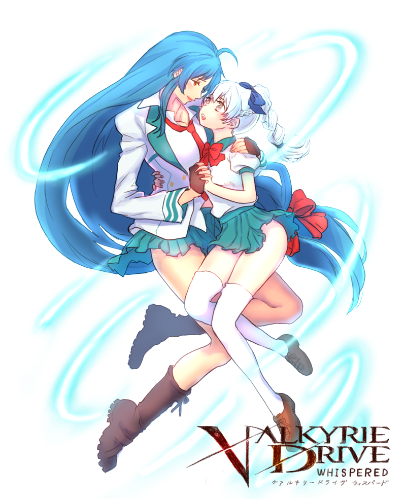 2girls aqua_skirt blue_hair boots braid brown_eyes chidori_kaname crossover floating full_metal_panic! futomashi hair_behind_ear hug logo long_hair looking_up multiple_girls open_mouth parody red_eyes school_uniform skirt teletha_testarossa thigh-highs title_parody valkyrie_drive valkyrie_drive_-mermaid- very_long_hair white_background white_hair yuri