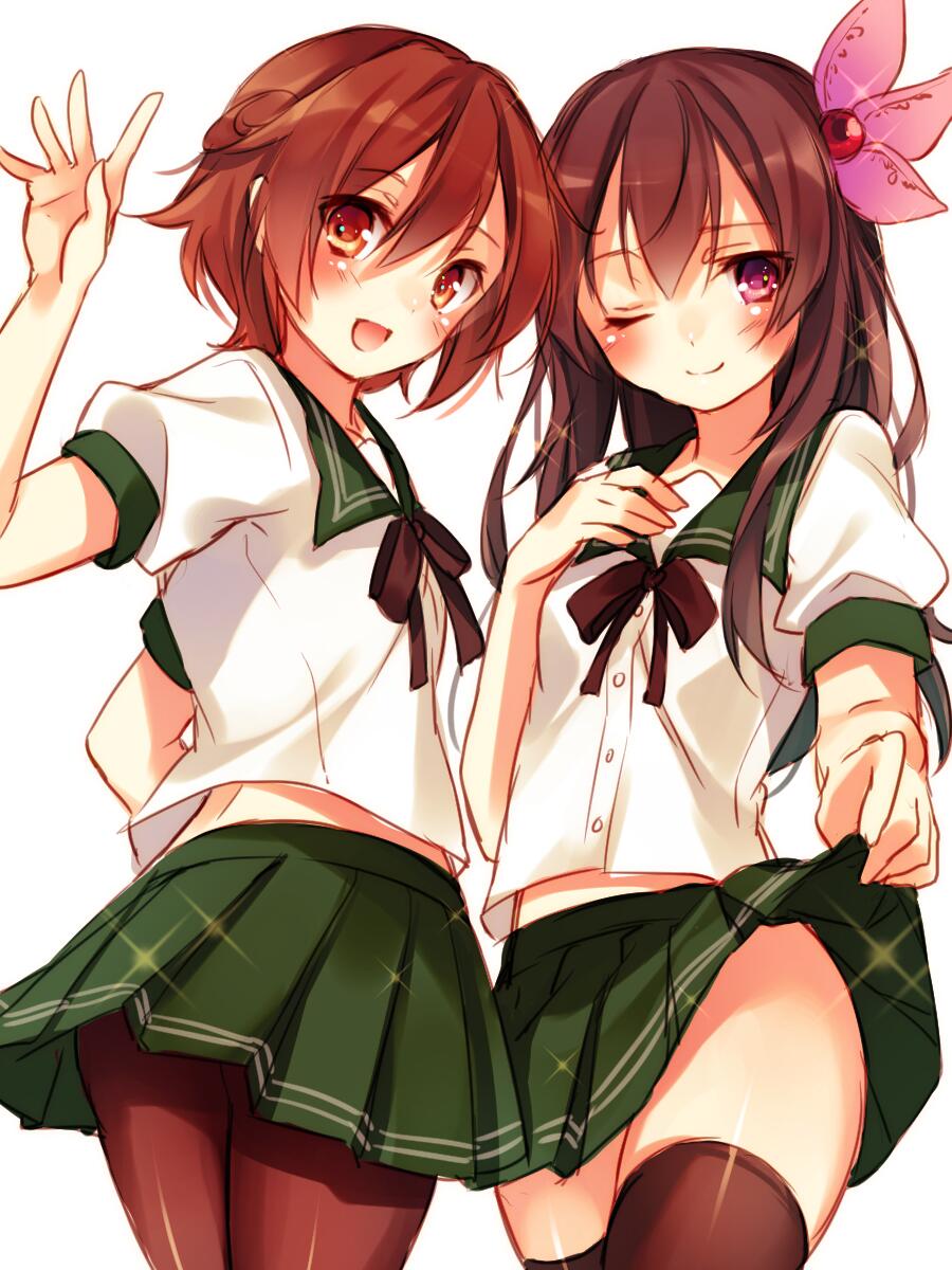 2girls black_legwear brown_eyes brown_hair hair_ornament highres kantai_collection kisaragi_(kantai_collection) long_hair looking_at_viewer multiple_girls mutsuki_(kantai_collection) open_mouth pantyhose pink_eyes short_hair skirt skirt_lift smile sparkle thigh-highs toosaka_asagi