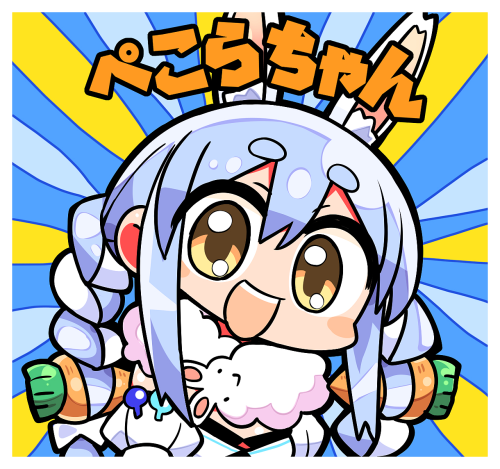 1girl :d animal_ear_fluff animal_ears bangs blue_hair braid brown_eyes carrot_hair_ornament detached_sleeves don-chan_(usada_pekora) dress eyebrows_visible_through_hair food_themed_hair_ornament hair_between_eyes hair_ornament hololive kanikama long_hair looking_at_viewer lowres multicolored_hair open_mouth puffy_short_sleeves puffy_sleeves rabbit_ears short_eyebrows short_sleeves sidelocks smile strapless strapless_dress sunburst sunburst_background thick_eyebrows translation_request twin_braids twintails two-tone_hair upper_body upper_teeth usada_pekora virtual_youtuber white_dress white_hair white_sleeves