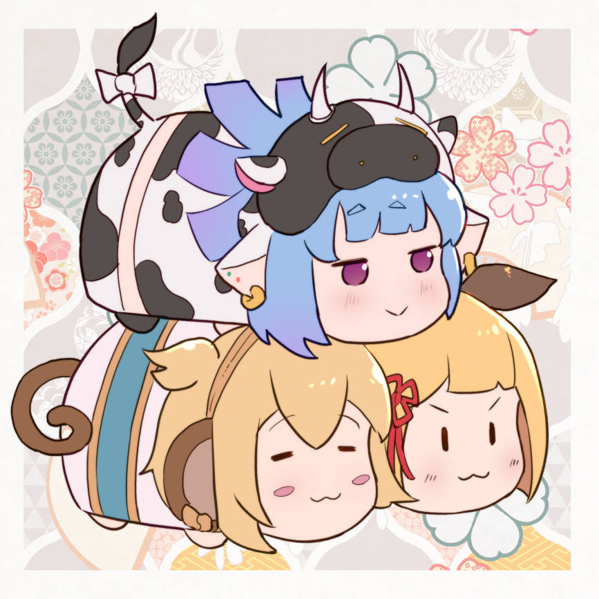 3girls :&gt; :3 andira_(granblue_fantasy) animal_ears animal_print bangs blonde_hair blue_hair blush bow closed_eyes closed_mouth commentary_request cow_ears cow_girl cow_horns cow_print cow_tail dog_ears ear_piercing erune eyebrows_visible_through_hair floral_background gradient_hair granblue_fantasy hair_ornament horns monkey_ears monkey_girl monkey_tail multicolored_hair multiple_girls piercing purple_hair shatola_(granblue_fantasy) short_eyebrows tail tail_bow tail_ornament thick_eyebrows two_side_up uneg v-shaped_eyebrows vajra_(granblue_fantasy) violet_eyes white_bow |_|