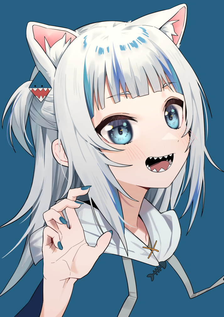 1girl :d animal_ear_fluff animal_ears bangs blue_background blue_eyes blue_hair blue_nails blush cat_ears commentary_request drawstring eyebrows_visible_through_hair gawr_gura hair_ornament hand_up hololive hololive_english hood hood_down kemonomimi_mode long_hair long_sleeves looking_at_viewer multicolored_hair nail_polish open_mouth sharp_teeth sidelocks silver_hair simple_background smile solo streaked_hair syhan teeth two_side_up virtual_youtuber wide_sleeves