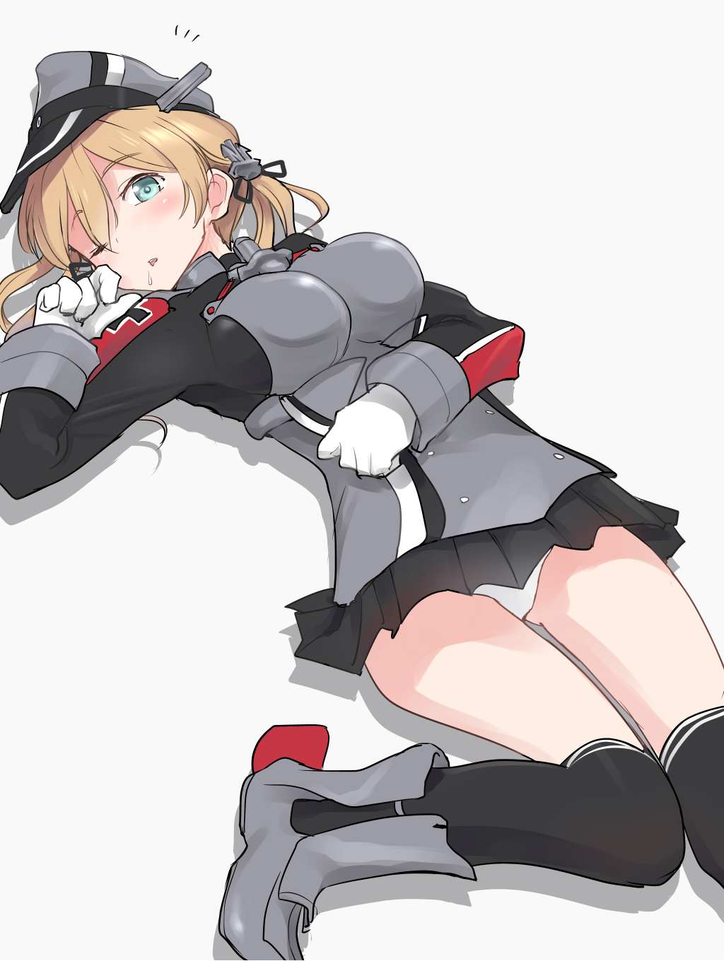 1girl ahenn aqua_eyes black_legwear black_skirt blonde_hair blush breasts eyebrows_visible_through_hair gloves grey_background hair_between_eyes hat highres kantai_collection large_breasts long_hair long_sleeves military military_hat military_uniform one_eye_closed panties parted_lips peaked_cap pleated_skirt prinz_eugen_(kantai_collection) rudder_footwear shadow simple_background skirt solo thigh-highs underwear uniform white_gloves white_panties