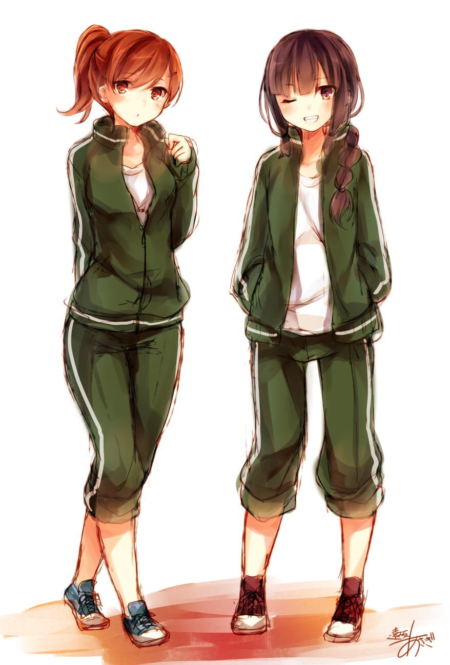 2girls alternate_hairstyle artist_name black_hair braid brown_eyes brown_hair grin gym_shirt gym_uniform highres jacket kantai_collection kitakami_(kantai_collection) long_hair multiple_girls no_socks one_eye_closed ooi_(kantai_collection) open_clothes open_jacket open_track_jacket pants pants_rolled_up ponytail shirt shoes short_hair signature smile sneakers toosaka_asagi track_jacket track_suit violet_eyes