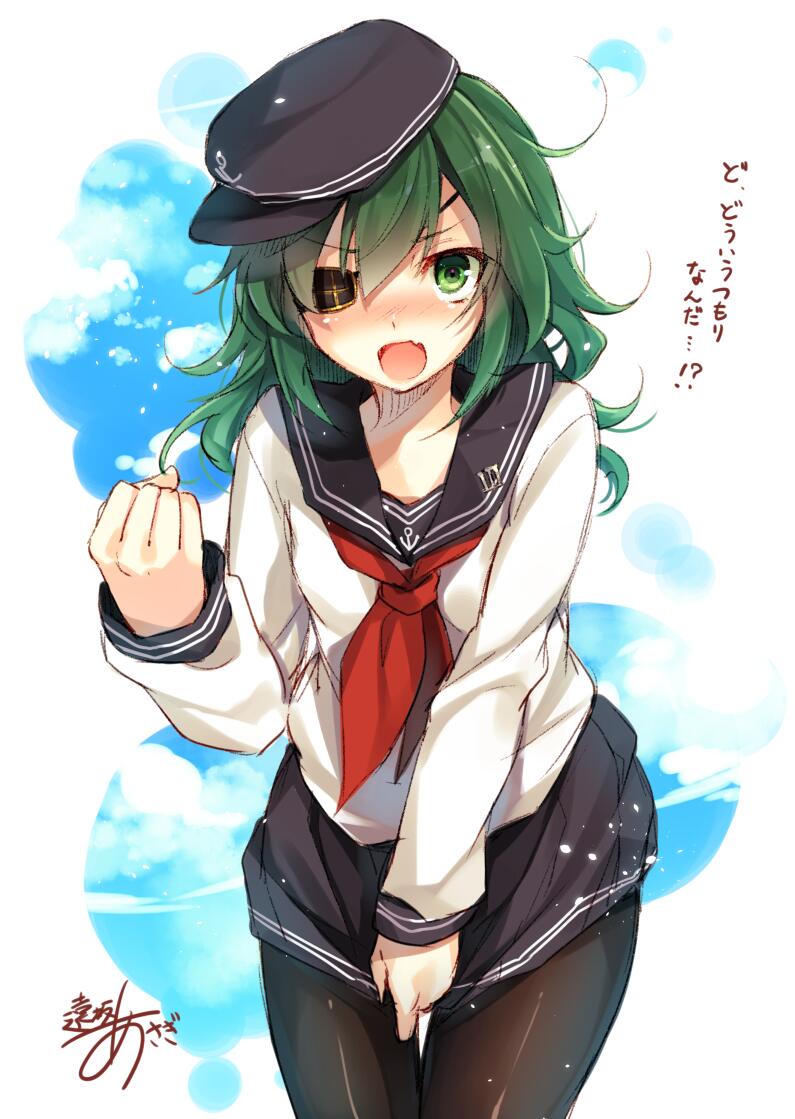 1girl akatsuki_(kantai_collection) akatsuki_(kantai_collection)_(cosplay) blush clenched_hand clouds cosplay covering covering_crotch eyepatch fang green_eyes green_hair hat kantai_collection kiso_(kantai_collection) long_hair looking_at_viewer neckerchief pantyhose pleated_skirt red_neckwear short_hair signature skirt sky solo toosaka_asagi translated