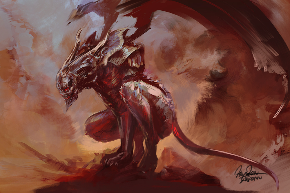 armor demon fantasy hayaken_sarena horns monster no_humans original painterly pauldrons red_eyes shoulder_armor signature squatting tail wings