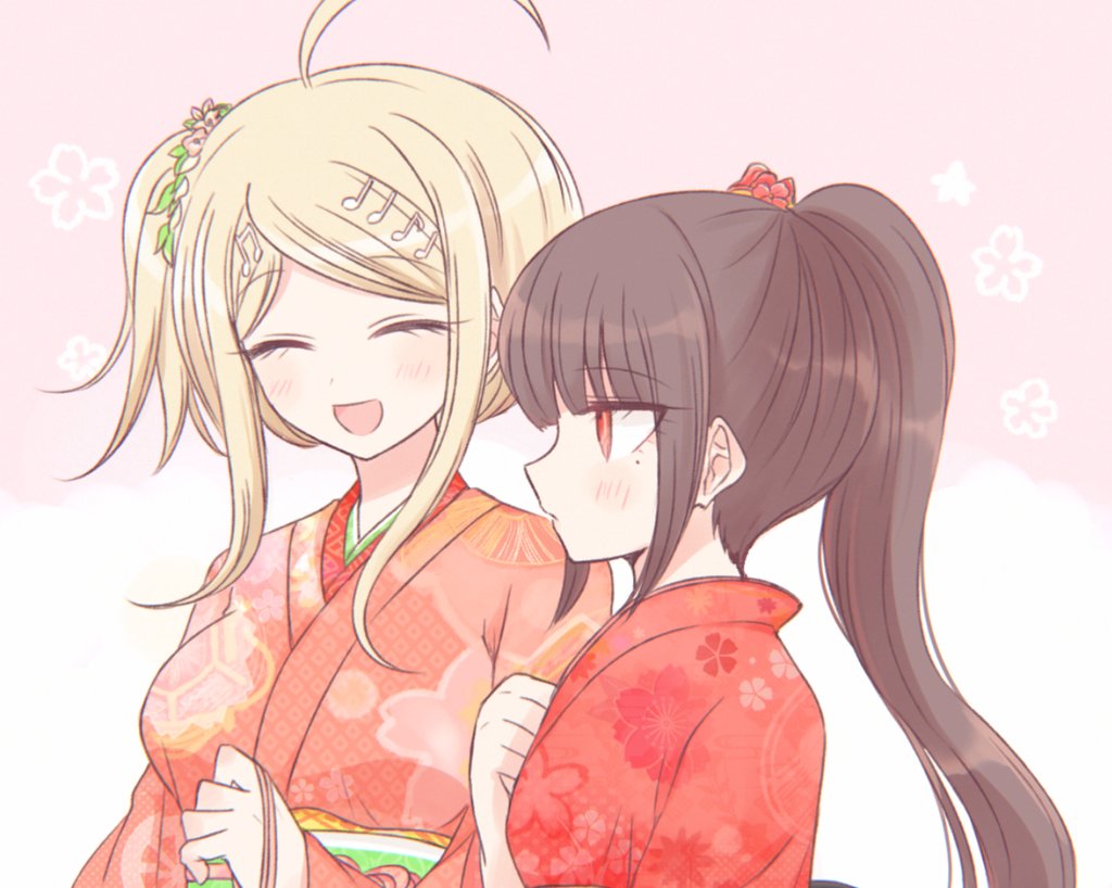 2girls 8takenokonosato8 :d ahoge akamatsu_kaede alternate_costume bangs black_hair blonde_hair blush closed_eyes commentary_request dangan_ronpa_(series) dangan_ronpa_v3:_killing_harmony flower from_side hair_flower hair_ornament hand_up harukawa_maki high_ponytail japanese_clothes kimono long_hair mole mole_under_eye multiple_girls musical_note_hair_ornament open_mouth pink_background pink_kimono ponytail print_kimono profile red_eyes red_kimono sash smile upper_body yuri