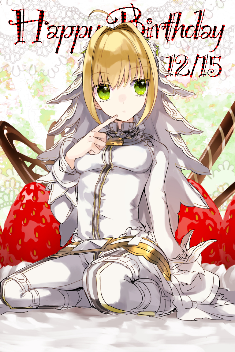 1girl ahoge akamakoto bangs belt blonde_hair bodysuit braid breasts bridal_veil chain dated fate/extra fate/extra_ccc fate_(series) food french_braid fruit full-length_zipper green_eyes hair_between_eyes hair_bun hair_intakes happy_birthday head_wreath large_breasts lock long_hair looking_at_viewer loose_belt nero_claudius_(bride)_(fate) nero_claudius_(fate)_(all) padlock sitting smile strawberry veil wariza white_bodysuit zipper