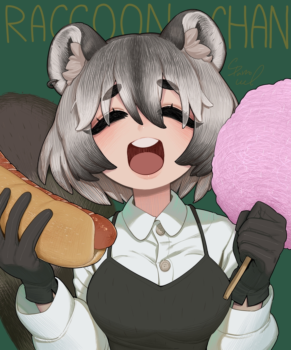 1girl :d animal_ear_fluff animal_ears black_gloves breasts closed_eyes collared_shirt commentary cotton_candy earrings english_commentary facing_viewer gloves grey_hair hands_up highres hot_dog jewelry korean_commentary large_breasts long_sleeves medium_hair mixed-language_commentary multicolored_hair open_mouth original raccoon_ears raccoon_girl raccoon_tail round_teeth shirt signature smile solo sparrowl streaked_hair tail teeth upper_teeth white_shirt wing_collar