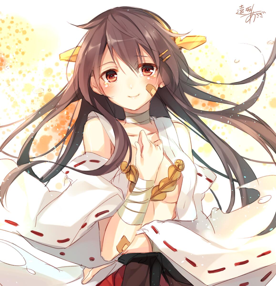 1girl bandaid bare_shoulders black_hair detached_sleeves hairband haruna_(kantai_collection) highres japanese_clothes kantai_collection long_hair looking_at_viewer nontraditional_miko partially_undressed red_eyes ribbon-trimmed_sleeves ribbon_trim signature smile solo thigh-highs toosaka_asagi torn_clothes