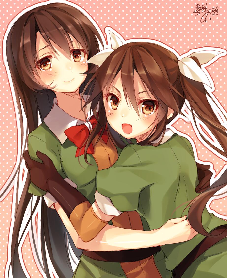 2girls :d brown_eyes brown_hair chikuma_(kantai_collection) hair_ribbon hug kantai_collection long_hair looking_at_viewer multiple_girls open_mouth ribbon signature smile tone_(kantai_collection) toosaka_asagi twintails white_ribbon