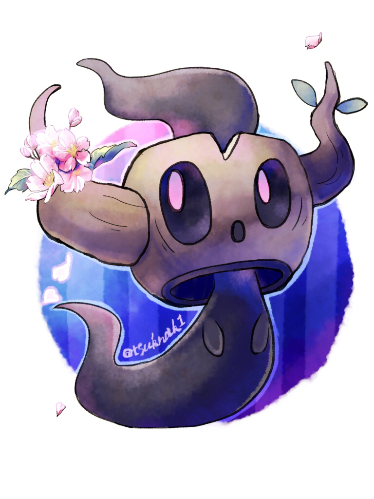 :o artist_name commentary_request flower full_body gen_6_pokemon looking_to_the_side no_humans open_mouth petals phantump pink_eyes pink_flower pokemon pokemon_(creature) solo yukichi_(tsuknak1)