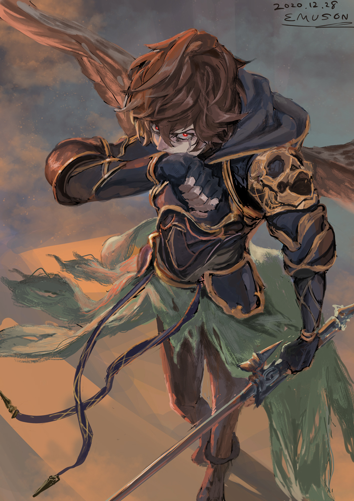 1boy armor black_gloves breastplate brown_hair crying dated emuson fingerless_gloves gloves granblue_fantasy hair_between_eyes holding holding_sword holding_weapon male_focus pauldrons red_eyes sandalphon_(granblue_fantasy) shoulder_armor signature solo standing sword tears torn torn_clothes weapon wings