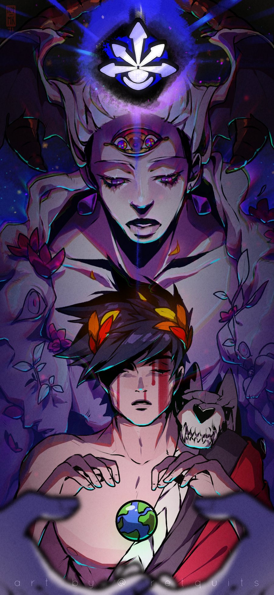 1boy 1other artist_name black_hair blood blood_on_face chaos_(hades) closed_eyes earrings earth_(planet) extra_eyes flower greek_clothes hades_(game) highres horns jewelry laurel_crown mk/ret parted_lips planet plant single_bare_shoulder skull violet_eyes zagreus_(hades)