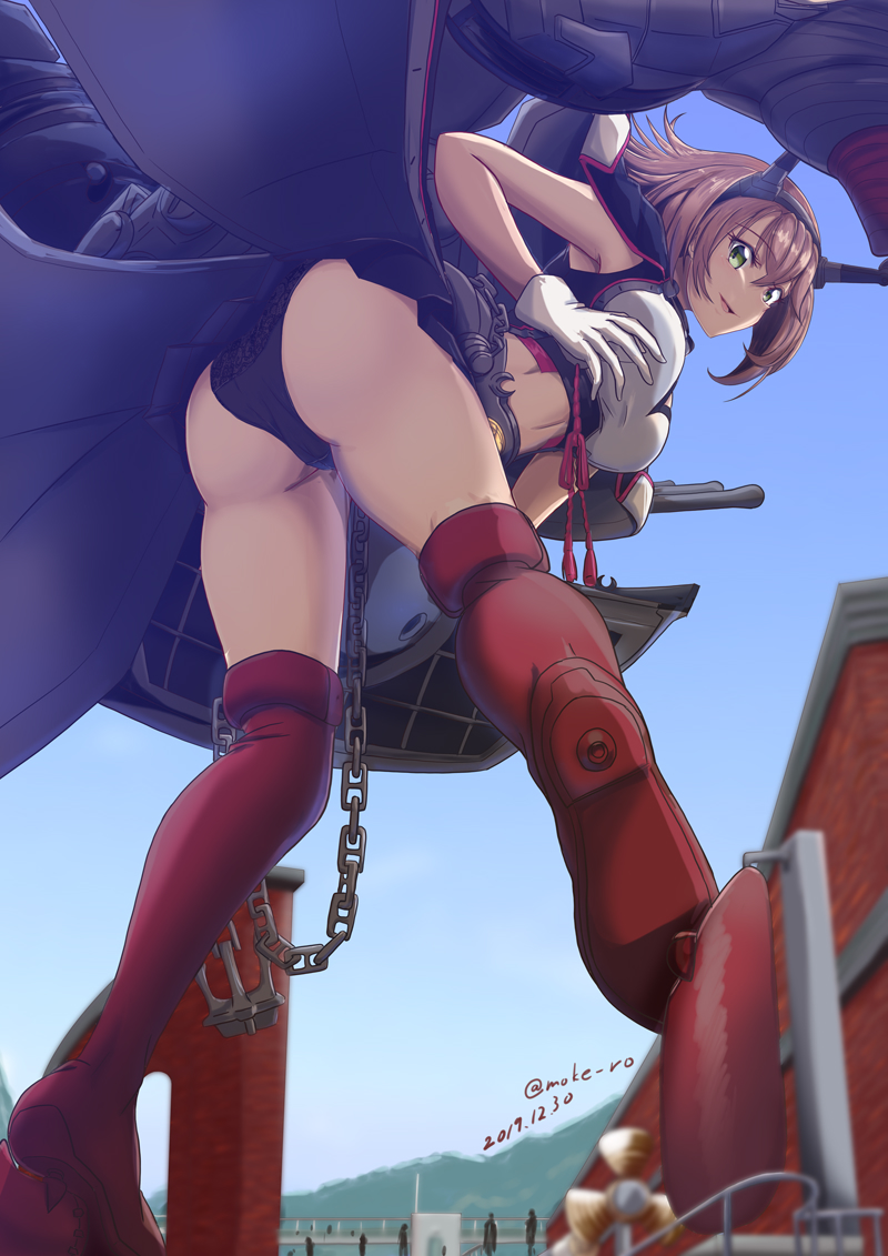 1girl anchor black_panties black_skirt boots breasts brown_hair capelet flipped_hair focused from_below giant giantess gloves green_eyes headgear kantai_collection knee_boots large_breasts looking_at_viewer metal_belt midriff moke_ro museum mutsu_(kantai_collection) outdoors panties pantyshot pleated_skirt propeller red_footwear red_legwear remodel_(kantai_collection) rigging short_hair size_difference skirt solo standing turret twitter_username underwear white_gloves