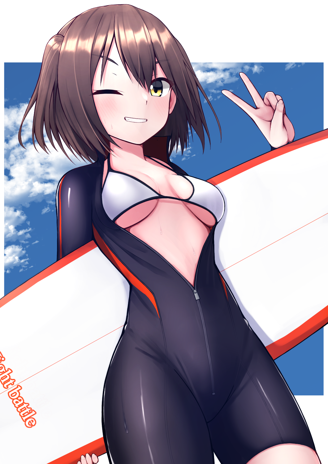 1girl alternate_costume bangs bikini bikini_top blue_sky blush breasts brown_hair clouds commentary_request cowboy_shot day eyebrows_visible_through_hair grin halterneck highres holding kantai_collection looking_at_viewer medium_breasts one_eye_closed open_mouth outdoors sendai_(kantai_collection) short_hair sky smile solo standing surfboard swimsuit tiemu_(man190) two_side_up v wet wetsuit yellow_eyes