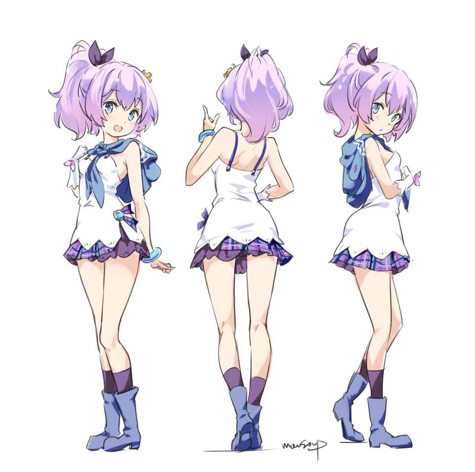 1girl :d azur_lane bangs bare_arms bare_shoulders blue_eyes blue_footwear blue_skirt blush boots breasts camisole closed_mouth crown eyebrows_visible_through_hair facing_away gloves hair_between_eyes hair_ribbon hand_up high_ponytail javelin_(azur_lane) looking_at_viewer mini_crown moupii_(hitsuji_no_ki) multiple_views open_mouth pleated_skirt ponytail purple_hair purple_legwear purple_ribbon ribbon signature simple_background single_glove skirt small_breasts smile socks standing tilted_headwear white_background white_camisole white_gloves