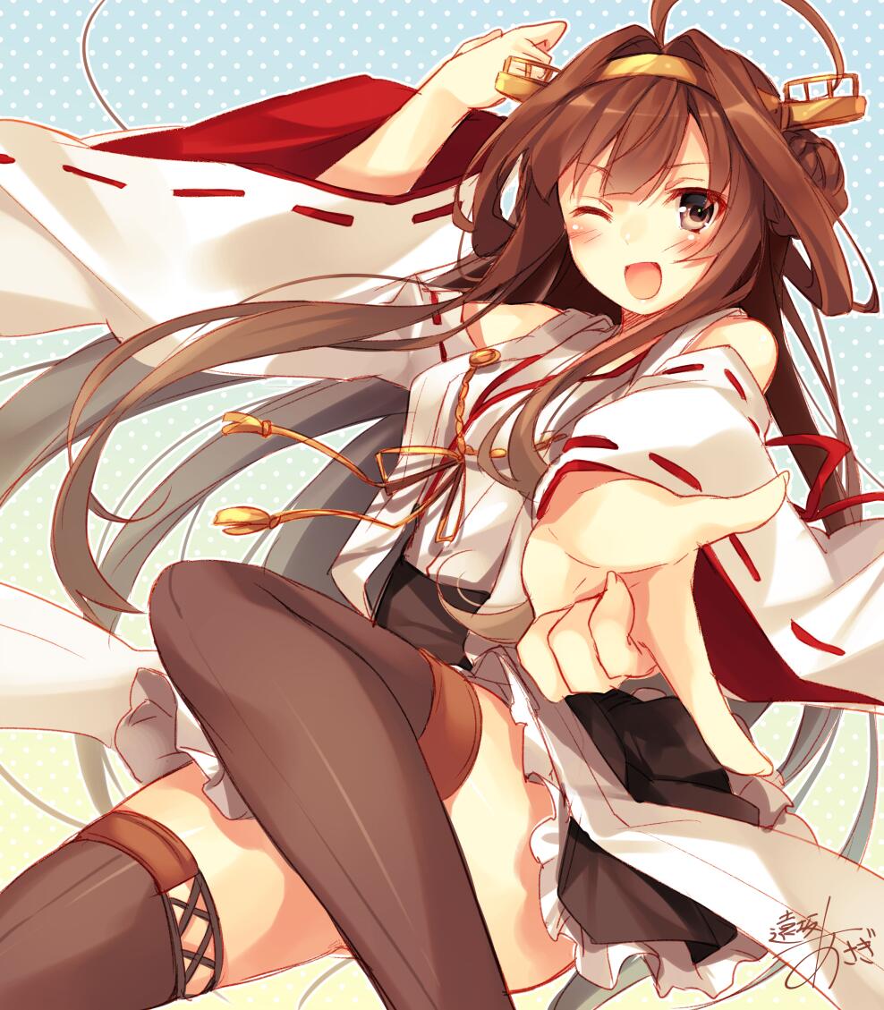 1girl ahoge bare_shoulders boots brown_hair brown_legwear detached_sleeves double_bun hair_ornament hairband headgear japanese_clothes kantai_collection kongou_(kantai_collection) long_hair looking_at_viewer nontraditional_miko one_eye_closed open_mouth outstretched_hand pleated_skirt ribbon_trim signature skirt smile solo thigh-highs thigh_boots toosaka_asagi zettai_ryouiki