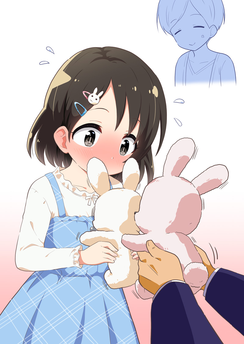 1boy 2girls anger_vein bangs black_hair blue_dress blush brown_background bunny_hair_ornament closed_eyes closed_mouth collarbone covered_mouth dress eyebrows_visible_through_hair flying_sweatdrops frilled_shirt frills gradient gradient_background grey_eyes hair_ornament hairclip holding holding_stuffed_toy idolmaster idolmaster_cinderella_girls idolmaster_cinderella_girls_starlight_stage jacket long_sleeves multiple_girls nose_blush open_clothes open_jacket out_of_frame parted_bangs pleated_dress producer_(idolmaster) sasaki_chie shirt sleeveless sleeveless_shirt smile stuffed_animal stuffed_bunny stuffed_toy swept_bangs white_background white_shirt yuuma_(skirthike)