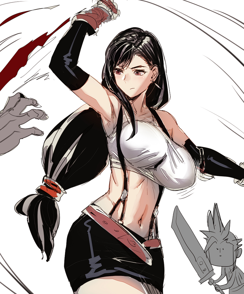 1girl black_hair black_skirt bow_(bhp) breasts brown_eyes buster_sword closed_mouth cloud_strife earrings elbow_gloves final_fantasy final_fantasy_vii fingerless_gloves gloves jewelry large_breasts long_hair low-tied_long_hair midriff miniskirt navel pencil_skirt punching red_gloves revision shirt skirt spiky_hair suspender_skirt suspenders tank_top taut_clothes taut_shirt tifa_lockhart uppercut