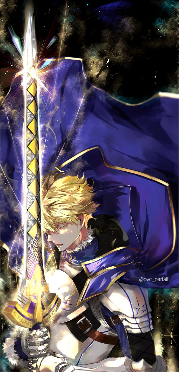 1boy ahoge armor arthur_pendragon_(fate) bangs blonde_hair capelet closed_eyes collared_shirt excalibur_(fate/prototype) fate/grand_order fate_(series) fur_collar highres holding holding_weapon male_focus pvc_parfait shirt weapon