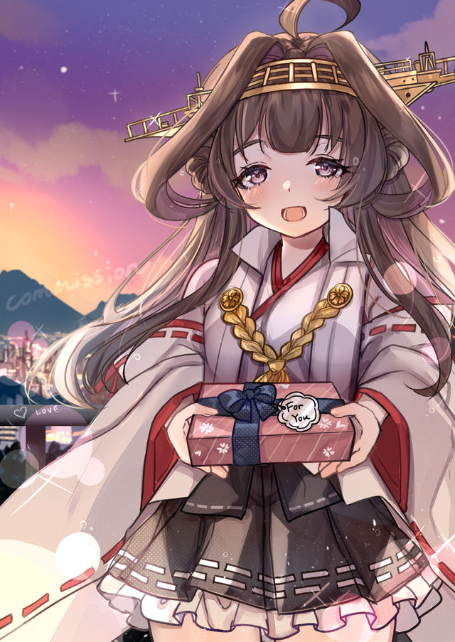 1girl ahoge bare_shoulders black_skirt blush brown_hair commission cowboy_shot detached_sleeves double_bun gift hairband headgear heart holding holding_gift japanese_clothes kantai_collection kaomoji_(sagor00237) kongou_(kancolle) long_hair nontraditional_miko open_mouth pleated_skirt ribbon-trimmed_sleeves ribbon_trim skirt smile solo violet_eyes wide_sleeves