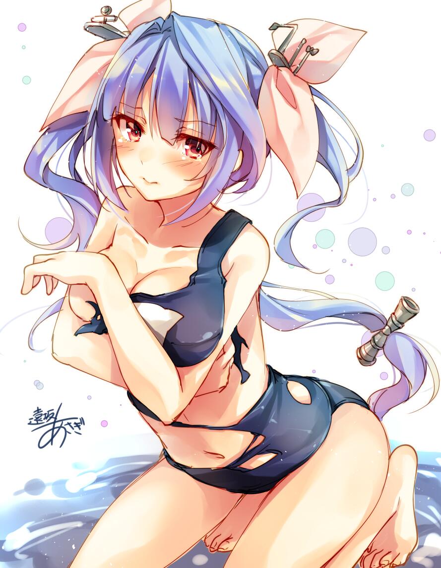 1girl :&gt; blue_hair gradient_hair i-19_(kantai_collection) kantai_collection long_hair looking_at_viewer multicolored_hair one-piece_swimsuit pink_hair red_eyes school_swimsuit signature solo swimsuit toosaka_asagi torn_clothes torn_swimsuit twintails