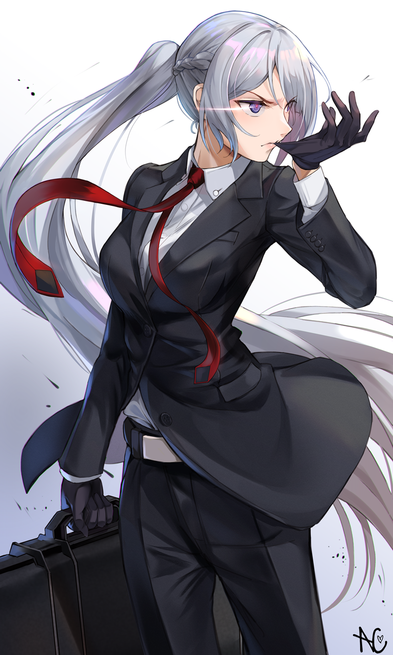 1girl agent_47 agent_47_(cosplay) ak-15_(girls_frontline) bangs belt biting black_gloves black_jacket black_pants braid collared_shirt cosplay dress_shirt english_commentary formal french_braid girls_frontline glove_biting gloves highres hitman_(game) holding holding_suitcase jacket long_hair niac pants pink_lips red_neckwear shirt sidelocks standing suit suitcase very_long_hair violet_eyes white_background white_belt white_shirt