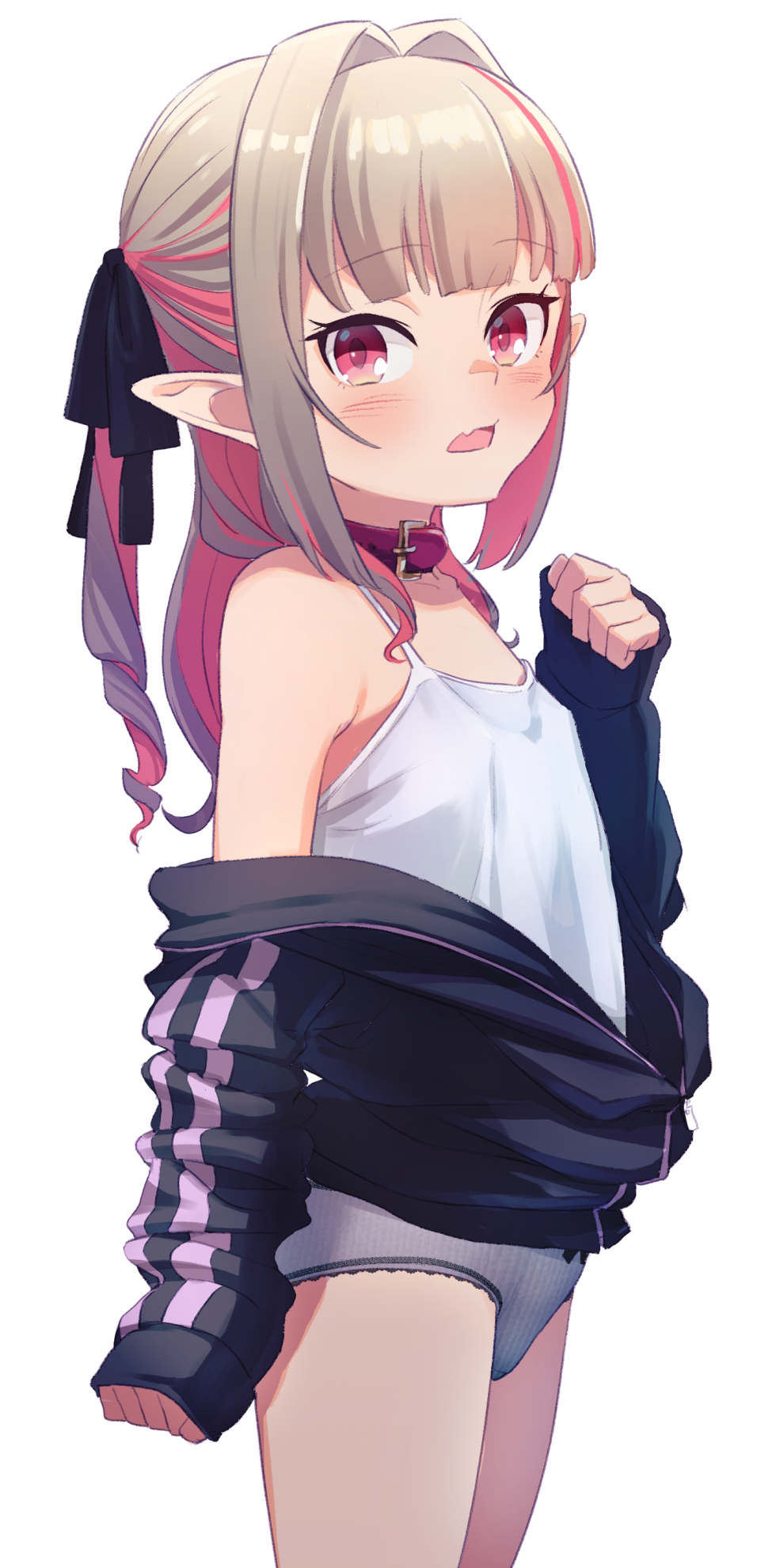 1girl bare_shoulders black_ribbon blush bow bow_panties camisole clothes_down collar cowboy_shot drill_hair eyebrows_visible_through_hair fang grey_hair hair_intakes hair_ribbon highres jacket long_hair looking_at_viewer makaino_ririmu multicolored_hair nijisanji no_pants open_clothes open_jacket panties parted_lips pointy_ears red_collar red_eyes redhead ribbon sabamen sidelocks simple_background skin_fang sleeves_past_wrists solo symbol_commentary twin_drills underwear virtual_youtuber white_background