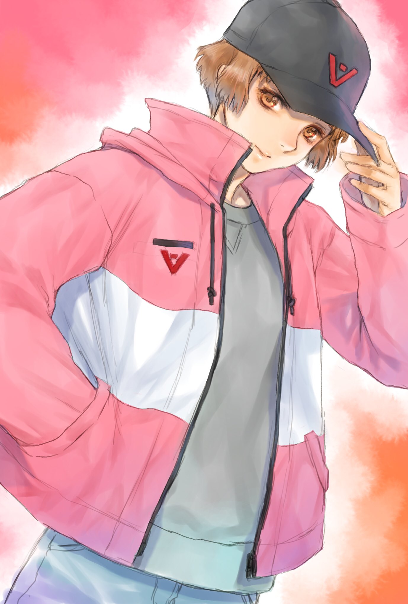 1girl alternate_costume baseball_cap black_headwear brown_eyes brown_hair contemporary denim grey_sweater gundam hand_in_pocket hand_on_headwear hat highres jacket jeans looking_at_viewer pants pink_jacket short_hair smile sochie_heim solo sweater takeda_yuuko turn_a_gundam