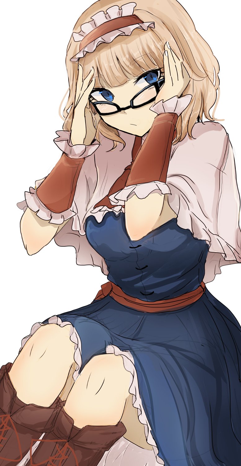 1girl adjusting_eyewear alice_margatroid black-framed_eyewear blonde_hair blue_dress blue_eyes boots brown_footwear capelet closed_mouth dress eyebrows_visible_through_hair frilled_hairband frills glasses glasses_day hairband hands_up highres looking_at_viewer medium_hair ne_kuro red_sash sash simple_background sitting solo touhou white_background white_capelet wristband