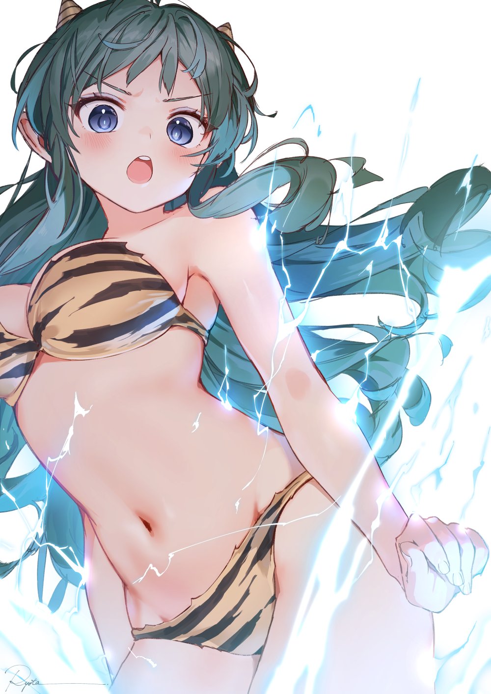 1girl animal_print aqua_hair bangs bikini blue_eyes blush floating_hair highres horns lightning long_hair looking_at_viewer lum navel open_mouth print_bikini ryota_(ry_o_ta) signature solo strapless strapless_bikini striped striped_bikini swimsuit tiger_print tiger_stripes urusei_yatsura