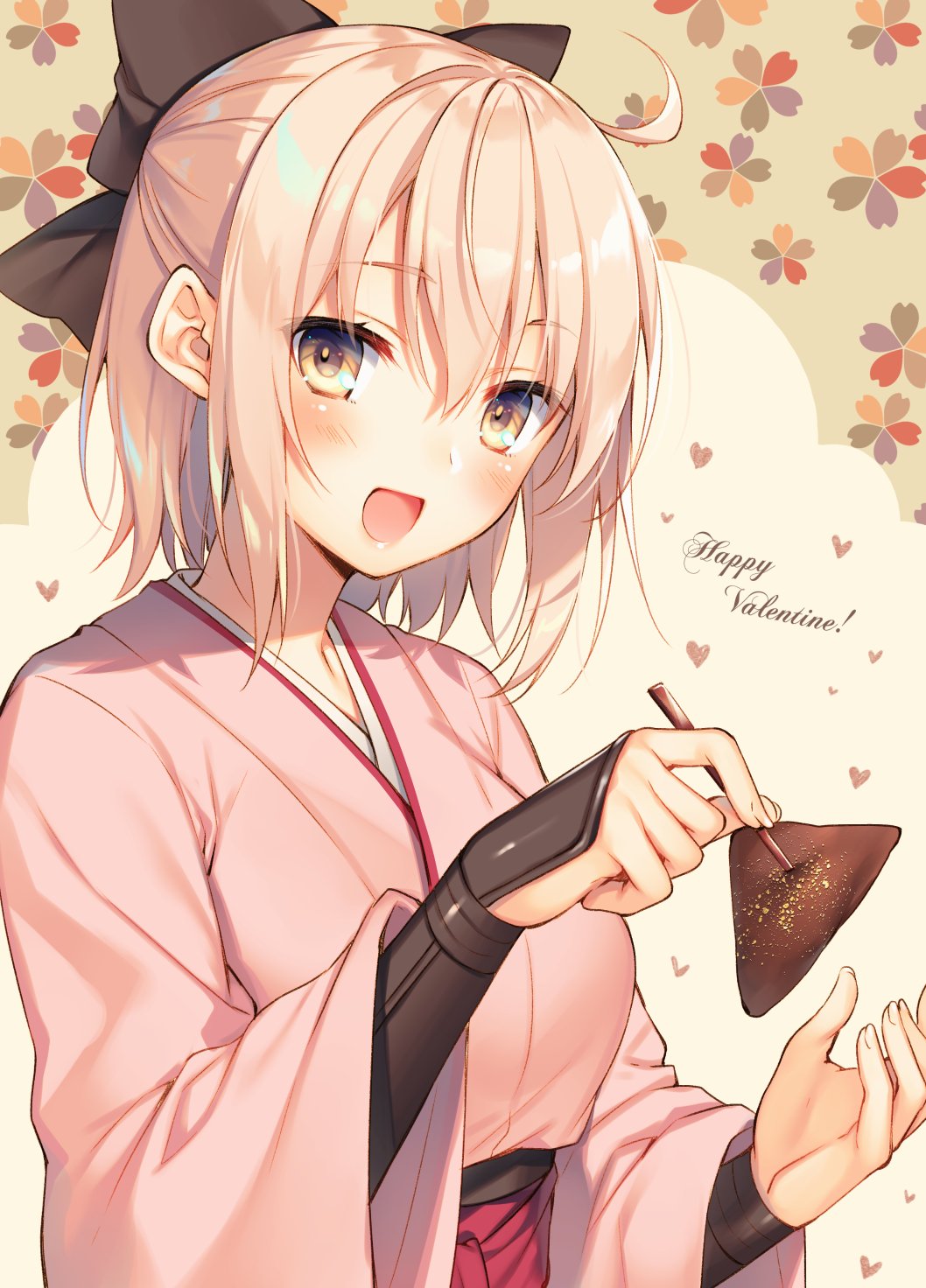 1girl :d ahoge bow bracer english_text fate_(series) fingernails food hair_bow hakama haori happy_valentine highres holding holding_food japanese_clothes koha-ace long_sleeves looking_at_viewer medium_hair okita_souji_(fate) okita_souji_(fate)_(all) open_mouth pink_hair red_skirt skirt smile solo toosaka_asagi upper_body yellow_eyes