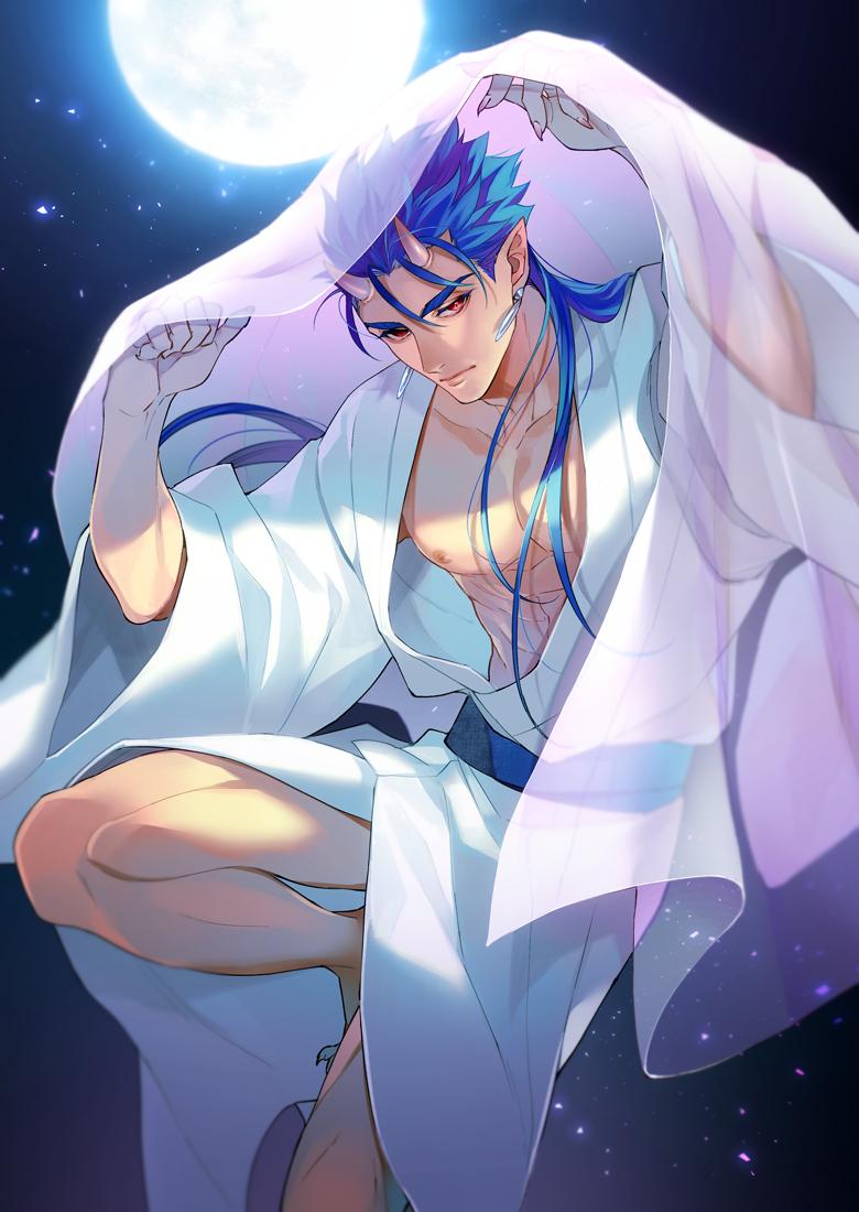 1boy blanket blue_hair closed_mouth cu_chulainn_(fate)_(all) expressionless fate/stay_night fate_(series) fingernails floating_hair hair_down horns japanese_clothes kimono lancer long_fingernails long_hair long_toenails male_focus mayuki_(ubiquitous) moon night nipples open_clothes open_kimono red_eyes see-through slit_pupils solo spiky_hair toenails type-moon yukata